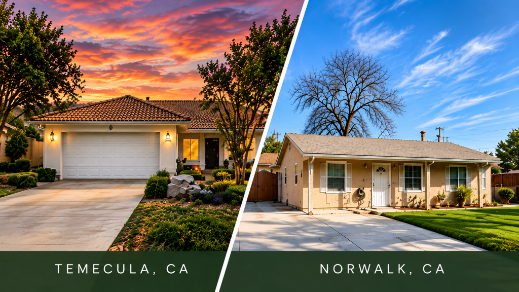 Split image of homes in Temecula and Norwalk, California, representing a seller’s move from Temecula to Norwalk.