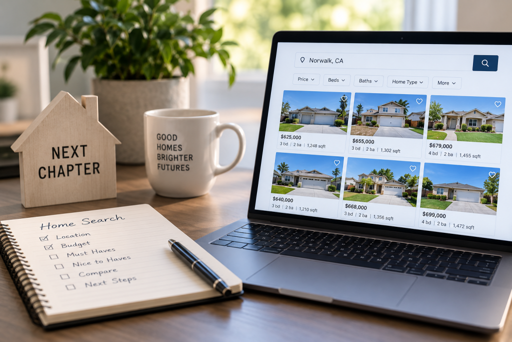 Home search setup showing Norwalk property listings on a laptop with a home search checklist.