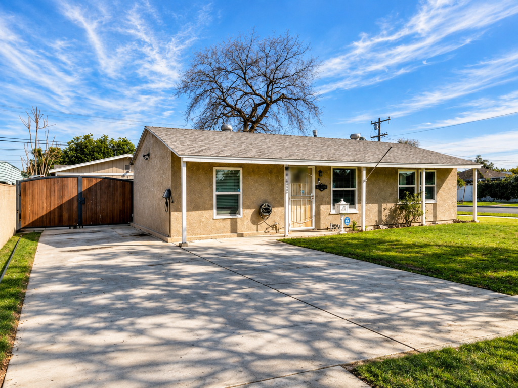 Norwalk home with front lawn, long driveway and detached ADU in the rear.